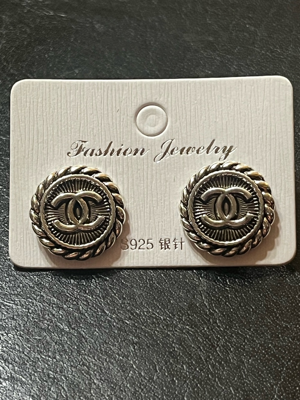Double C Designer Silver Tone 3D Letter Logo  Stud Earrings